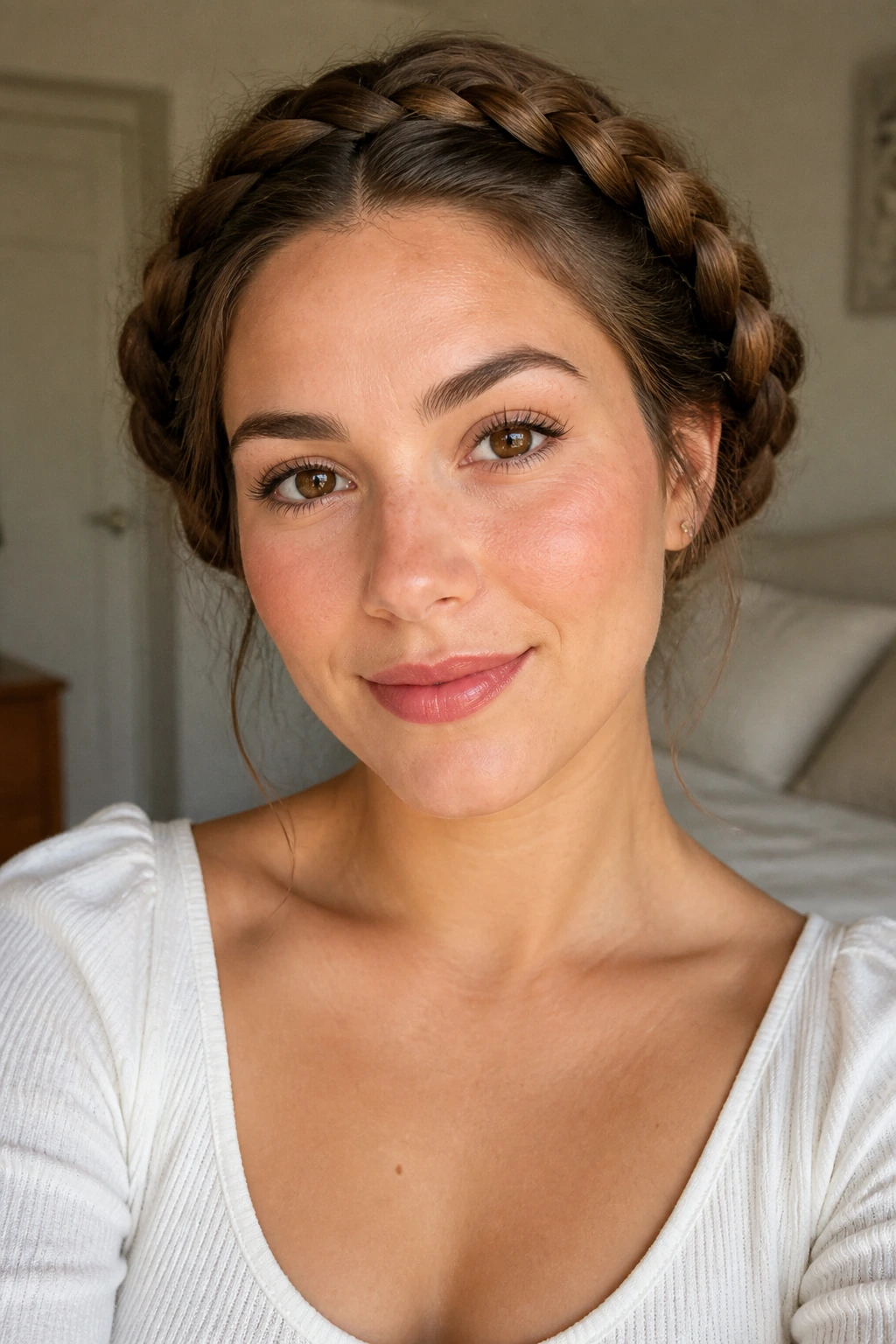 Close-up of a real woman with milkmaid braids width at the sides