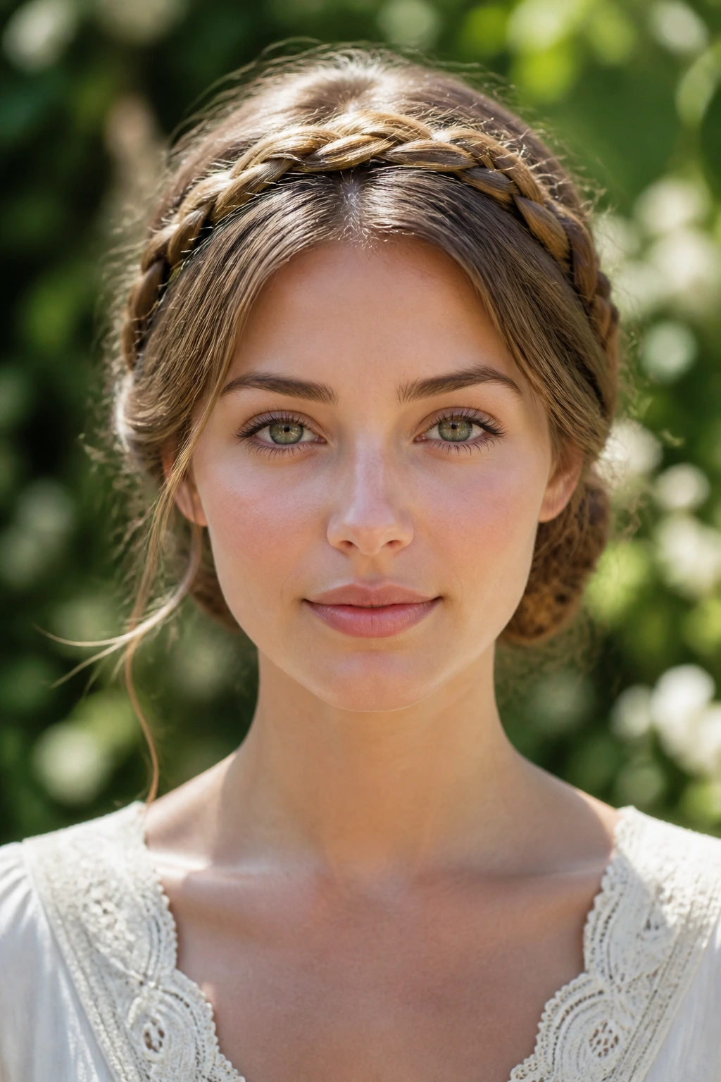 Front portrait of a real woman wearing a mini milkmaid crown with cross-over braids.