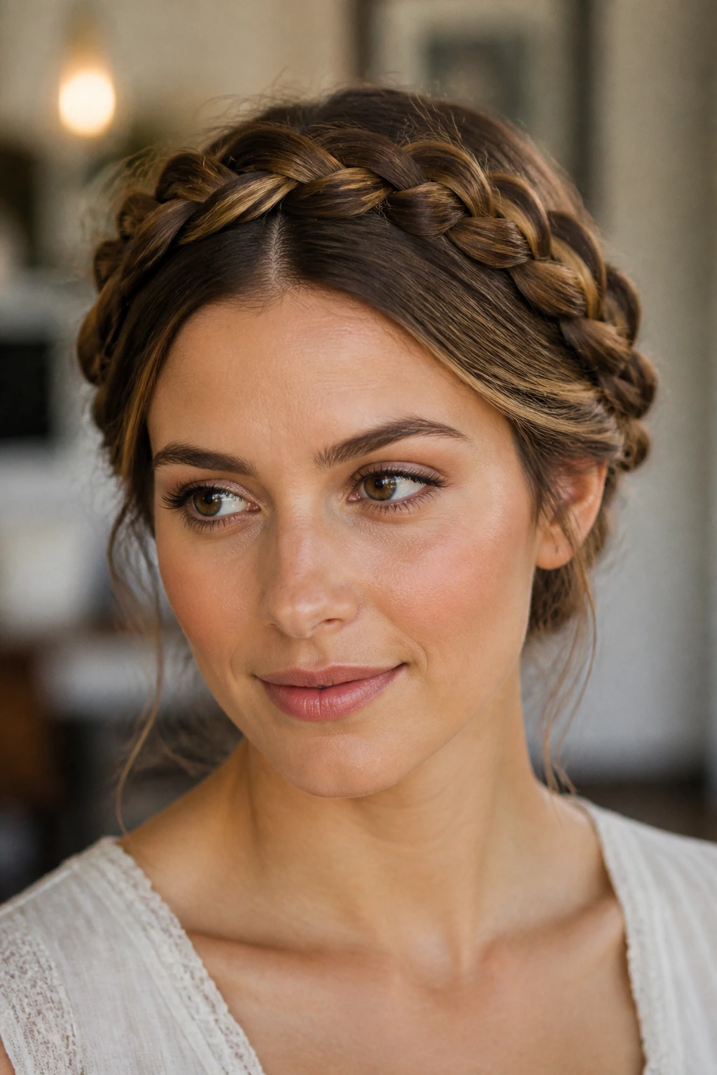Close-up of a real woman with milkmaid crown braids forming a halo.
