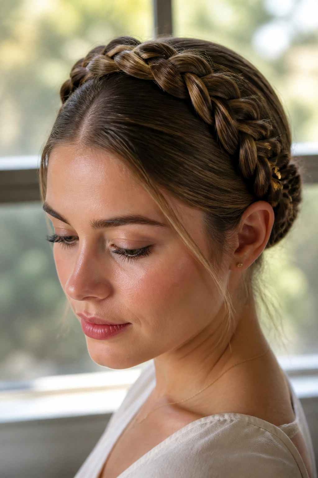 Real woman wearing milkmaid crown braids across the crown