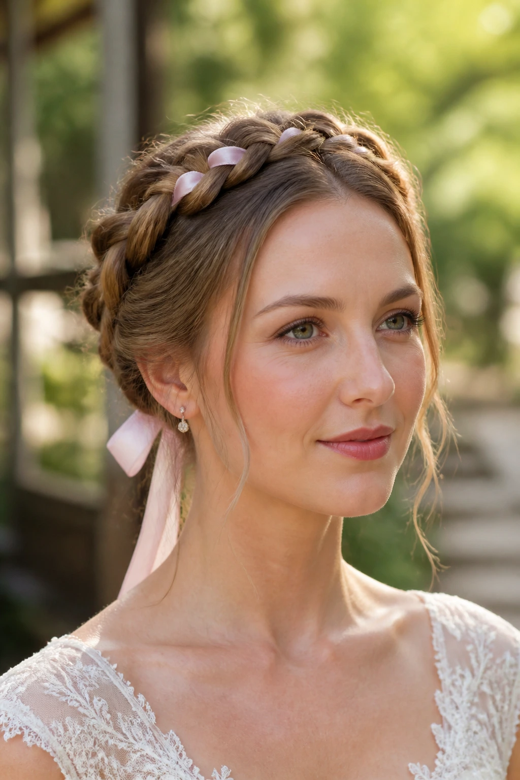 Close-up of real bride wearing milkmaid crown with ribbon