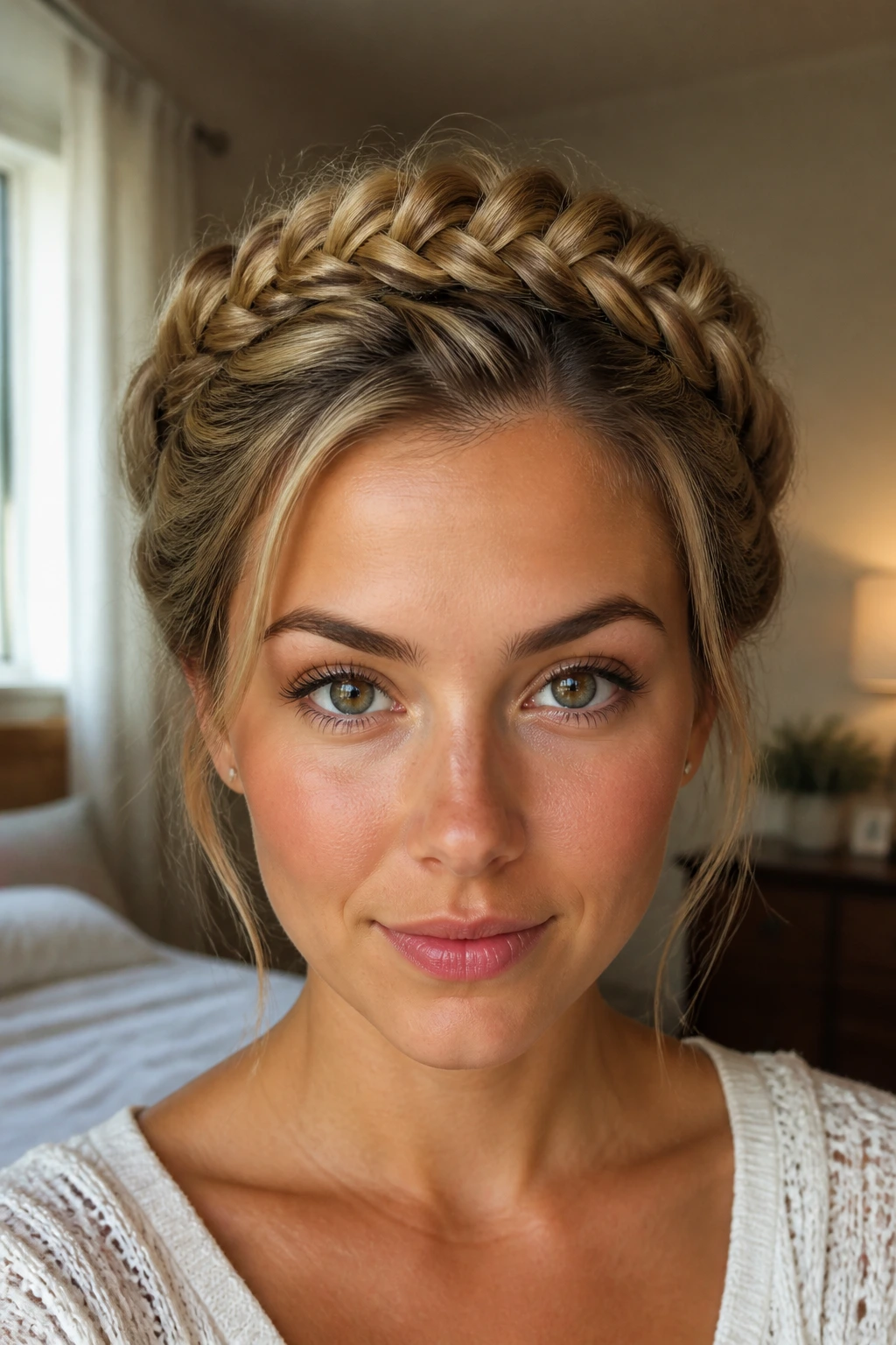 Front-facing close-up of a real person wearing a milkmaid fishtail crown