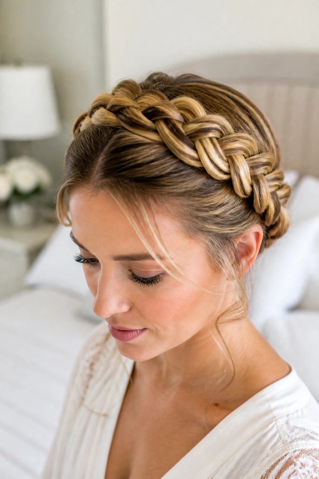 Close-up of a real woman with a Milkmaid French Braid over the crown