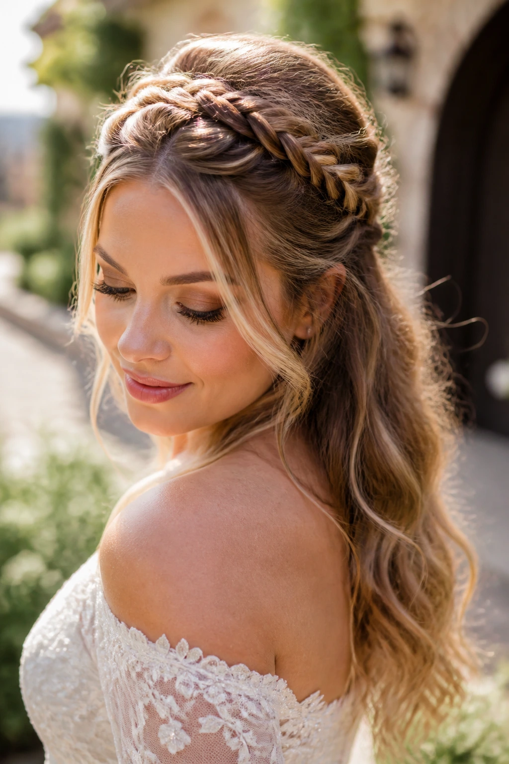 Backlit close-up of a real bride with Milkmaid-Inspired Half-Up crown braid