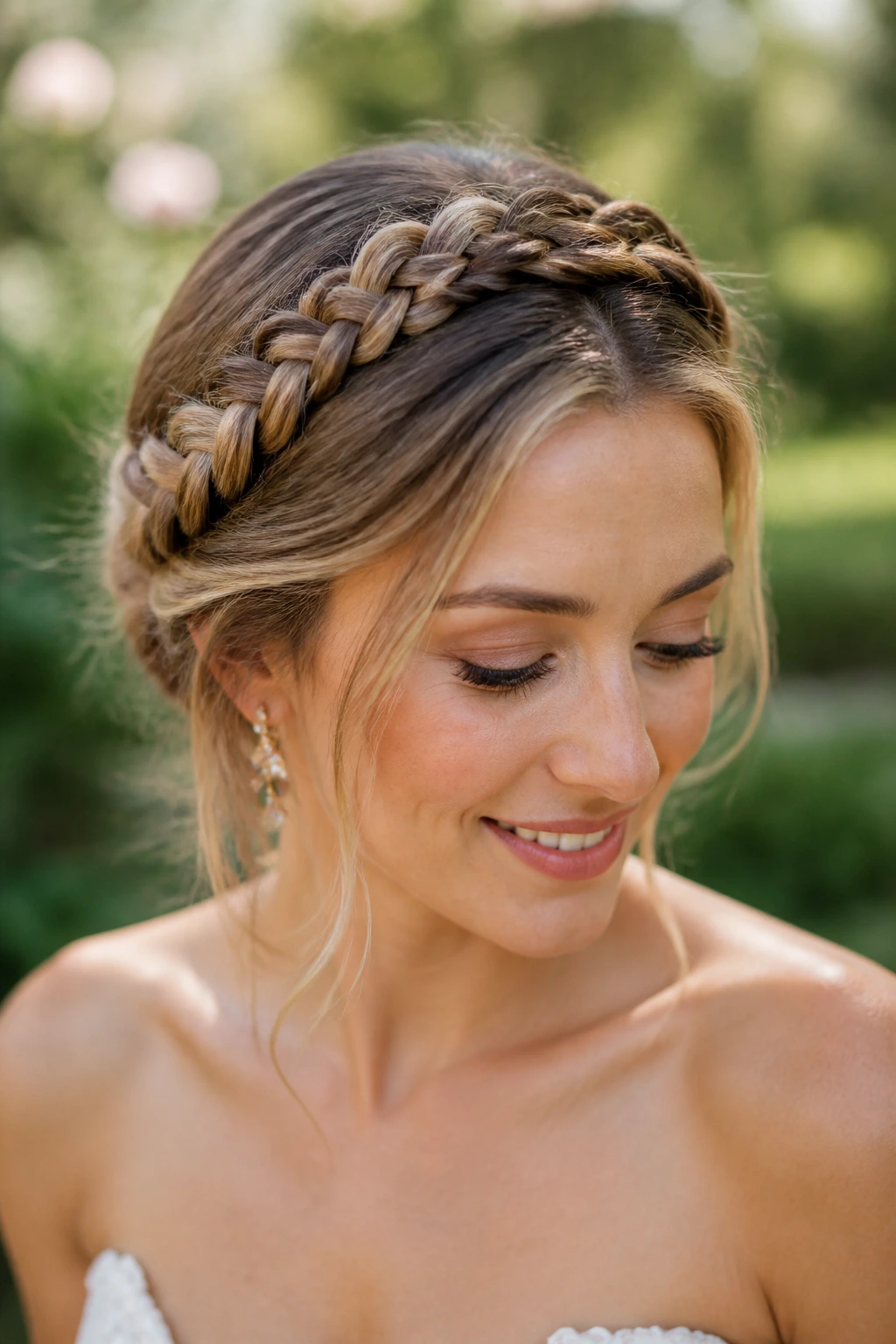 Close-up of a bride wearing a milkmaid halo braid