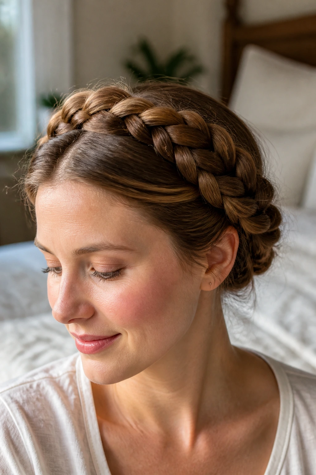 Close-up of a real woman with a milkmaid halo braid crossing over the crown and tucking near the ears.
