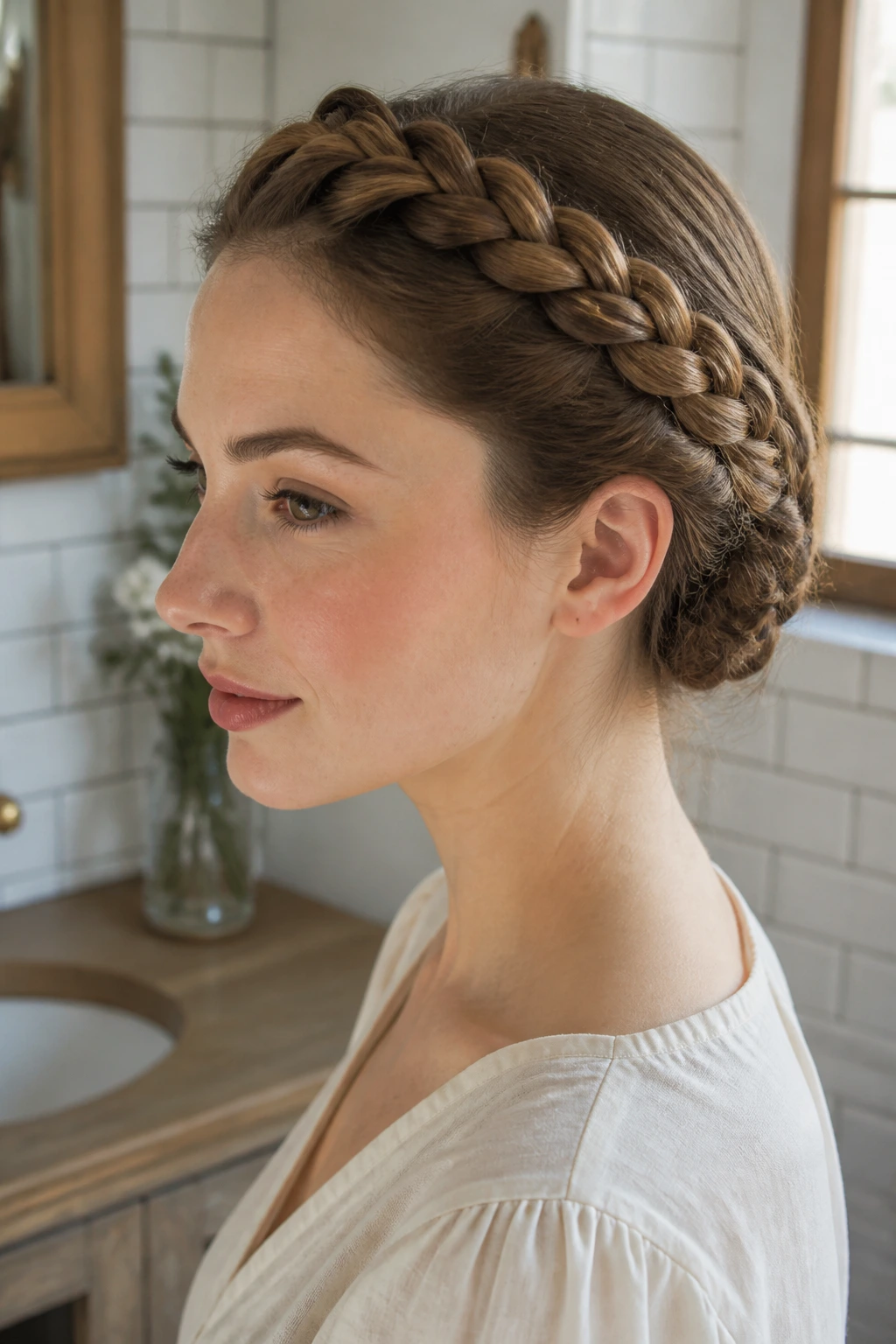 Close-up of a milkmaid tuck bun with crown braid on a real person in a rustic bathroom