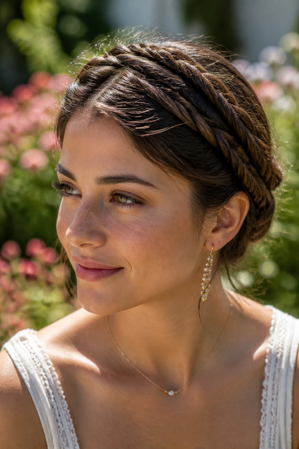 Close-up of a real woman wearing a milkmaid twist braid crown