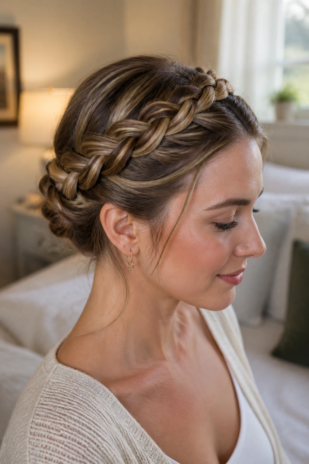Close-up portrait of a real woman with shoulder-length hair in a braided milkmaid updo, soft window light.