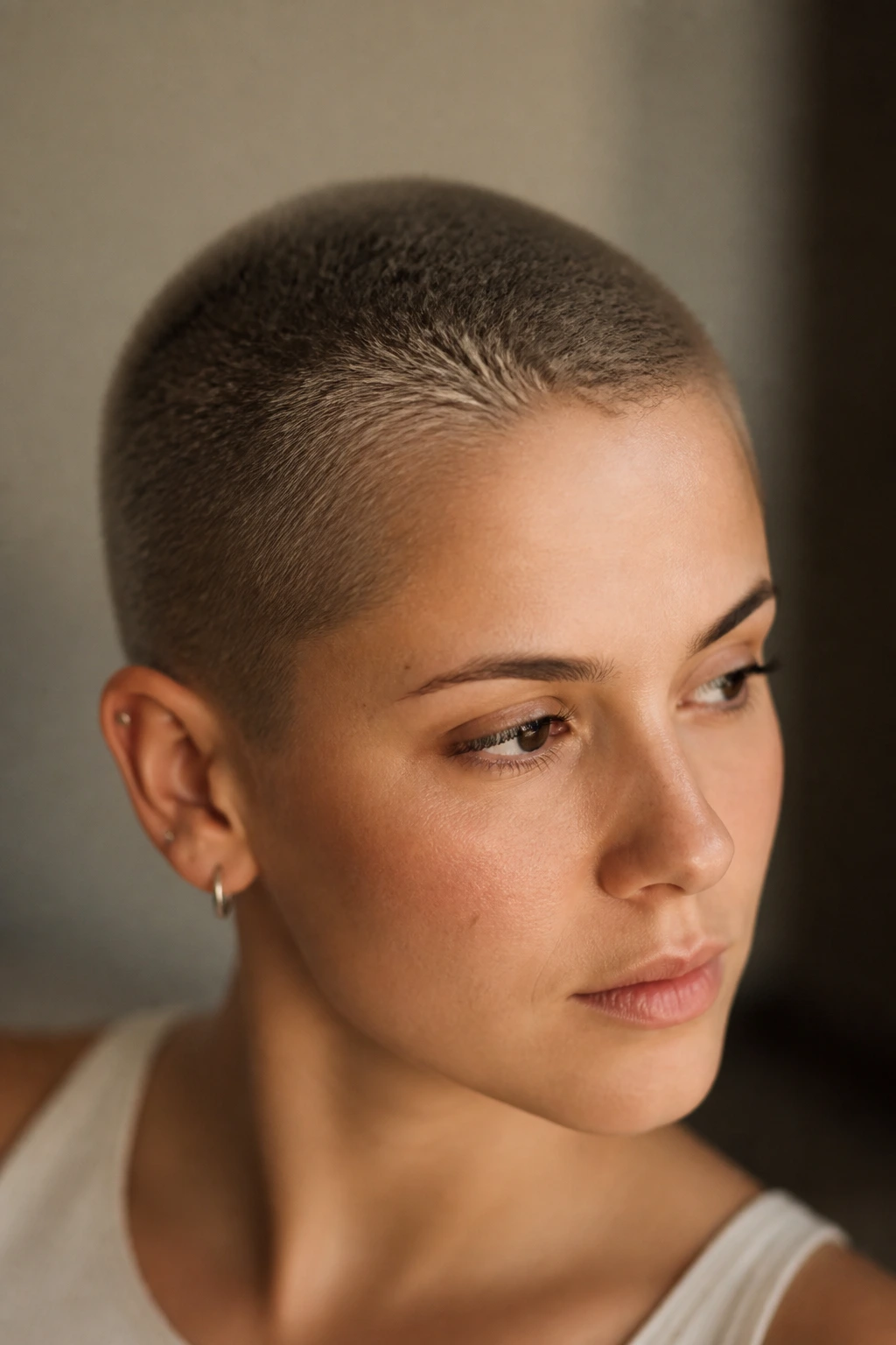 Close-up portrait showing hairline and crown of a buzz cut on a real person