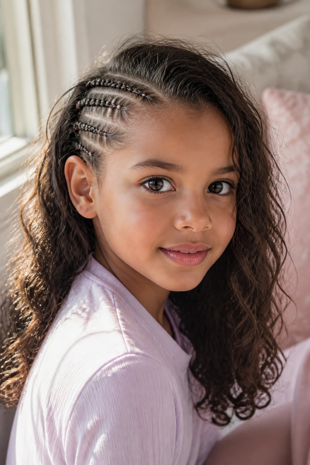Close-up of a child with tiny accent braids near the temple