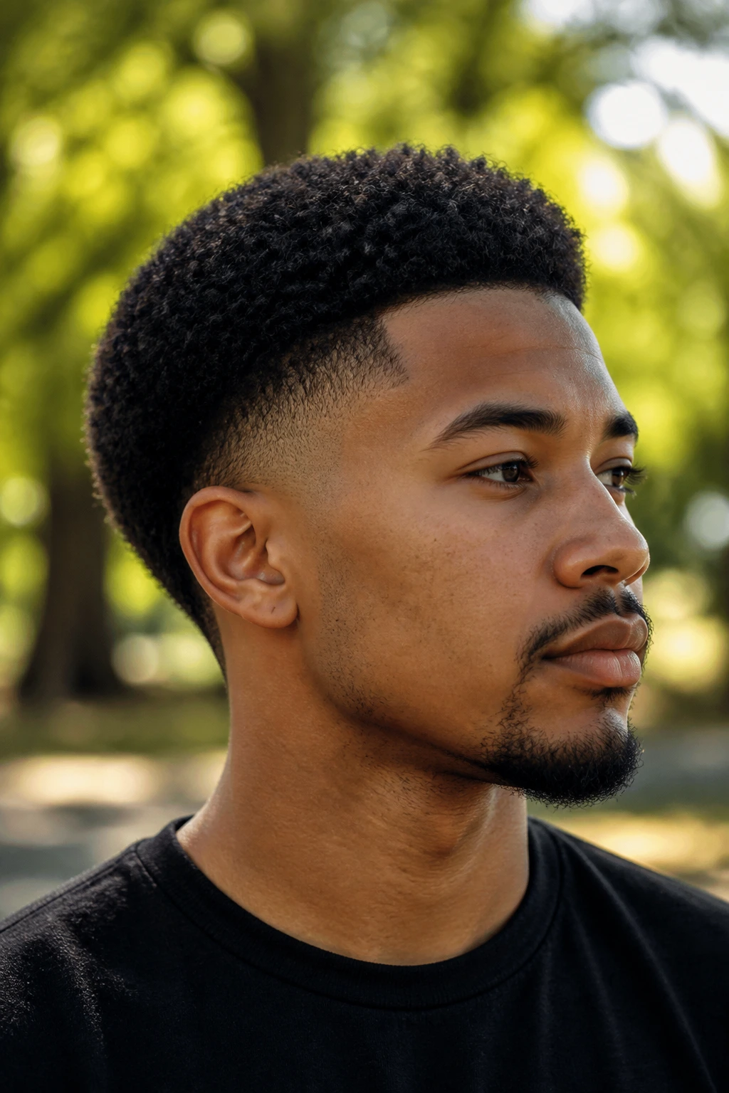 Close-up of a man with mini afro and burst fade, park setting.