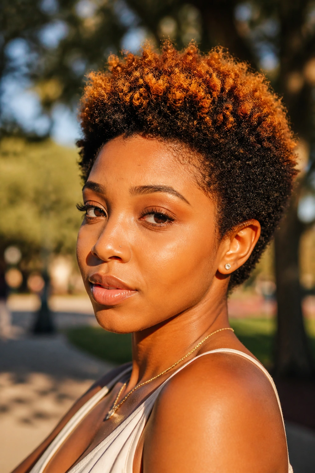 Close-up of a real person with a defined mini Afro and colored ends