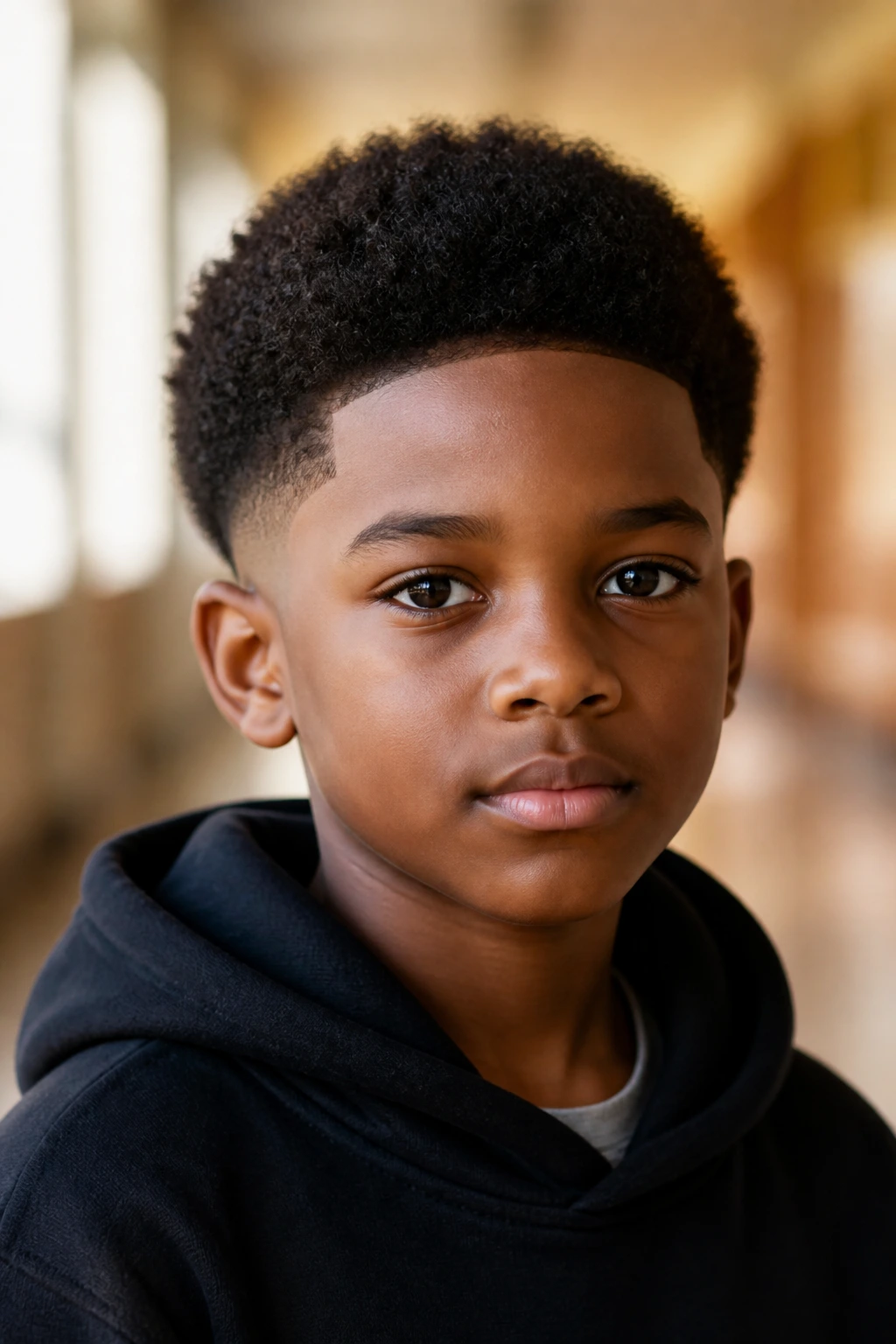 Close-up of a child with mini afro and low fade in a sunlit hallway