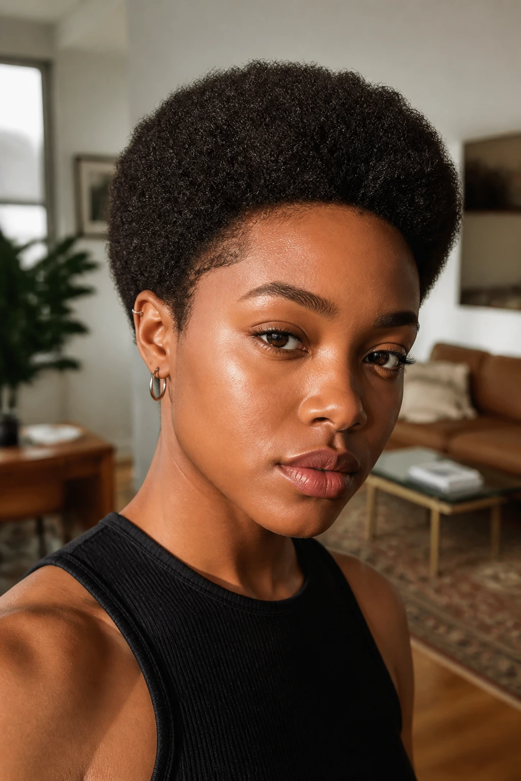 Close-up of a real person with a tiny rounded afro and sculpted edges, natural light.