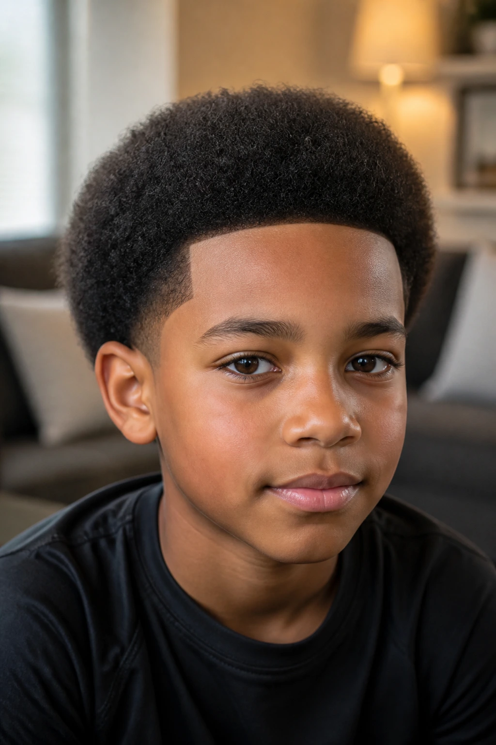 Close-up of a boy with a rounded mini afro and light shape-up