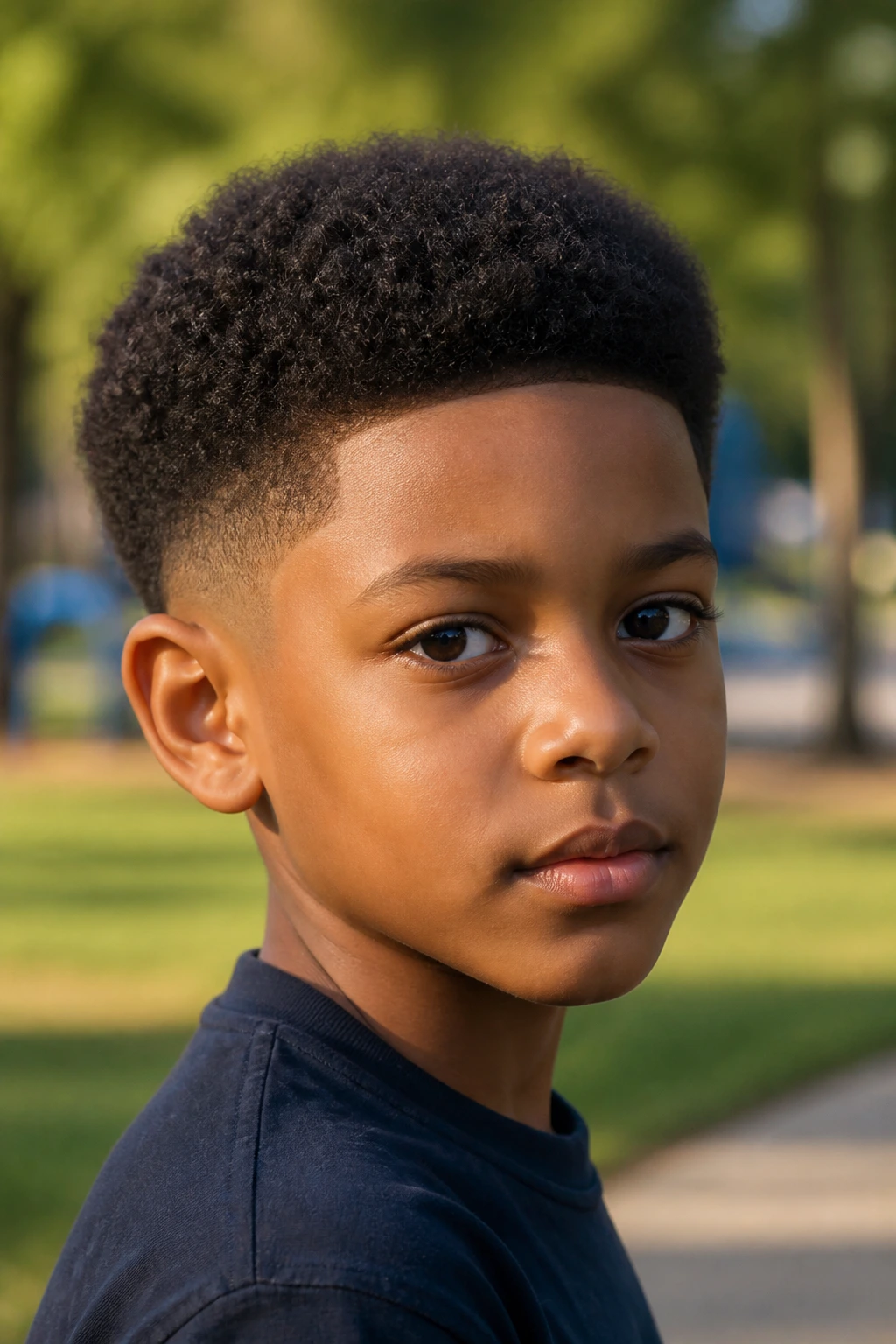 Close-up of a real boy with a mini Afro taper in outdoor park light.