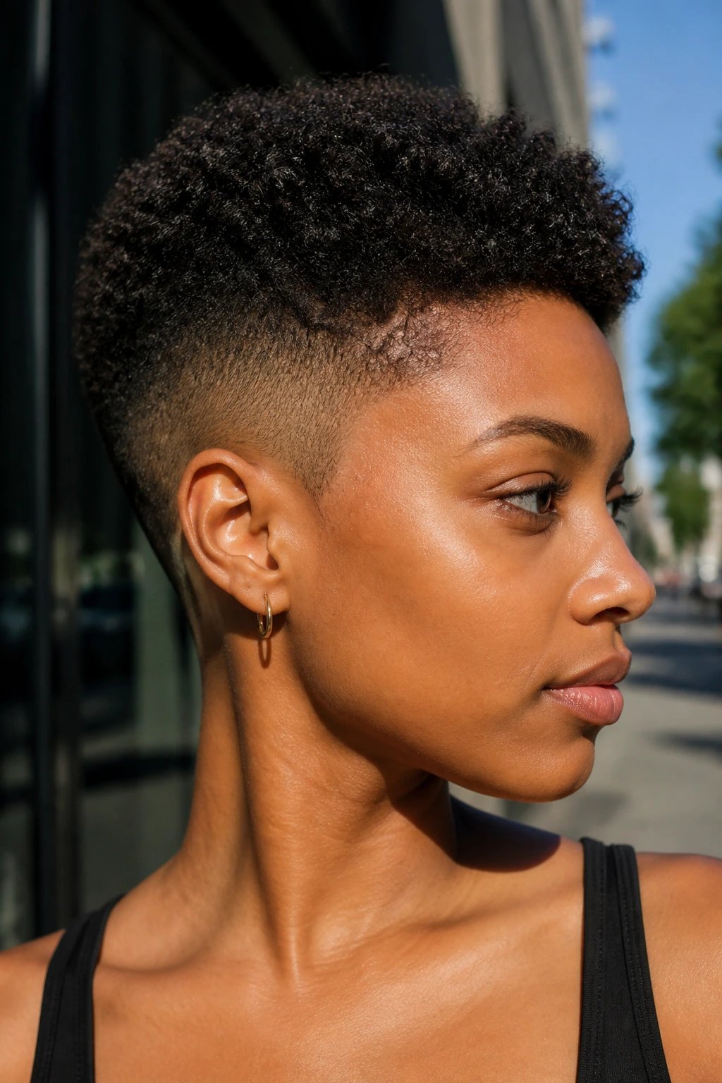 Real person with mini afro undercut, dome-shaped afro and tapered sides.