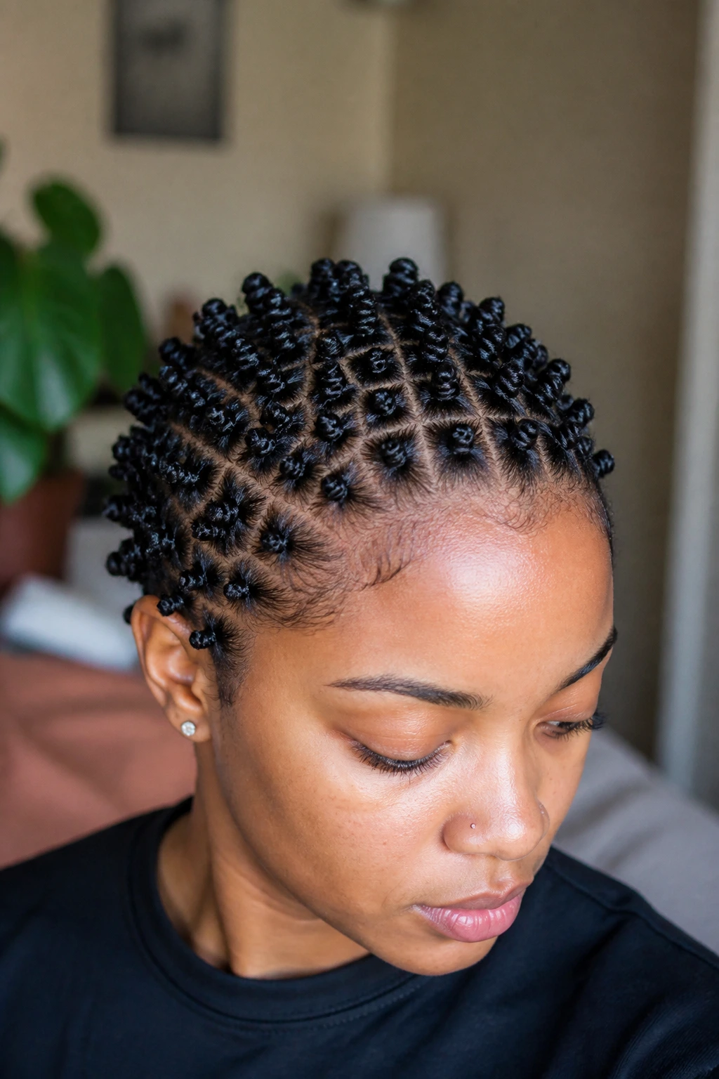 Portrait of mini all-over bantu knots on natural hair.