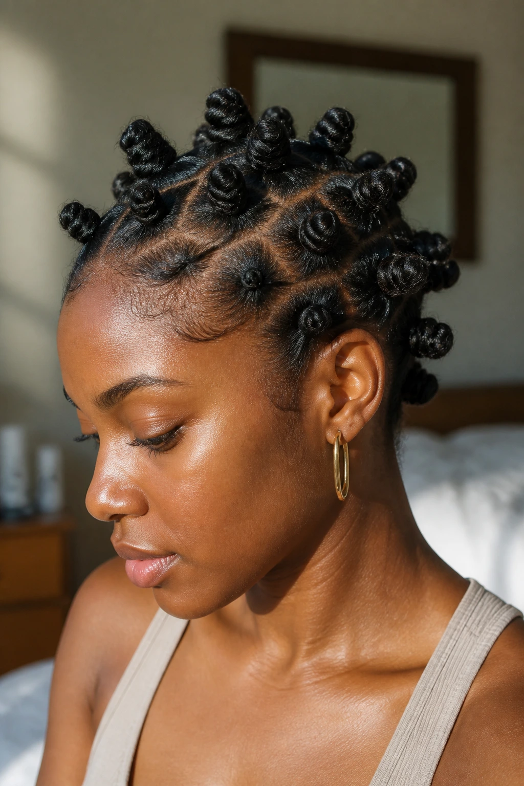 Close-up of a real woman with mini Bantu knots on crown