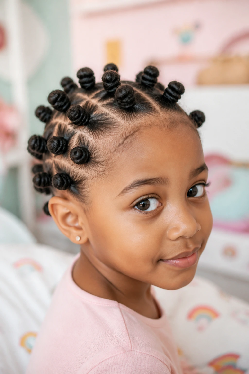 Close-up of a child with mini Bantu knots across the scalp