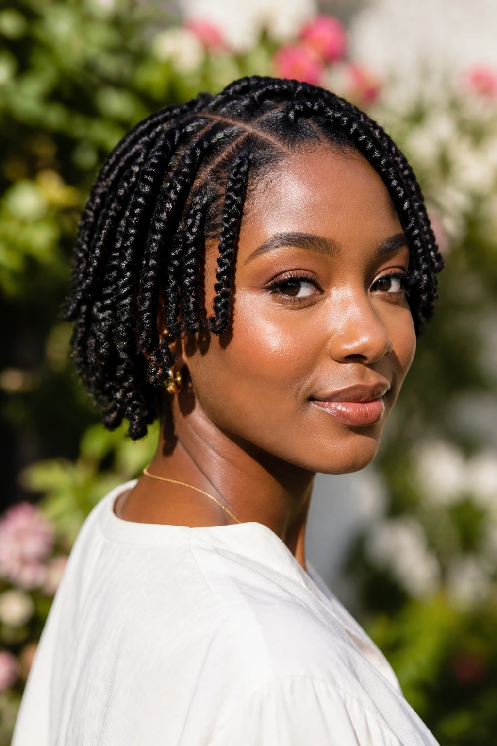 Portrait of a real person with mini barrel twists forming a jawline bob