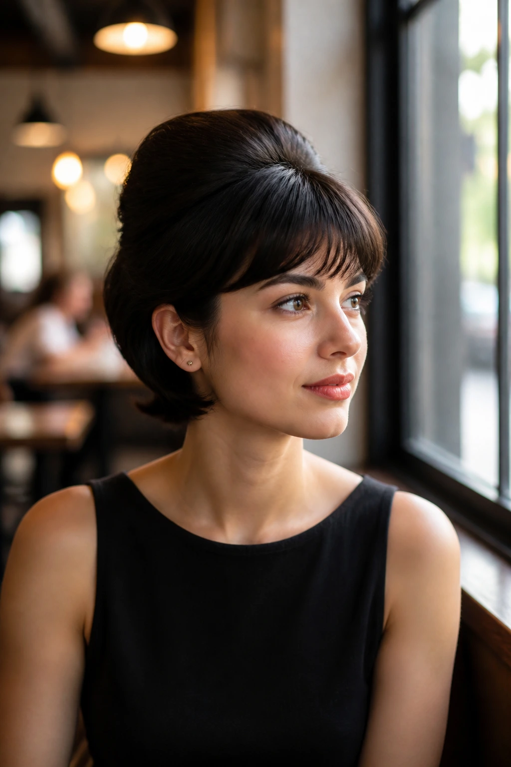 Close-up of a real woman with a mini beehive on short hair in a cafe window light
