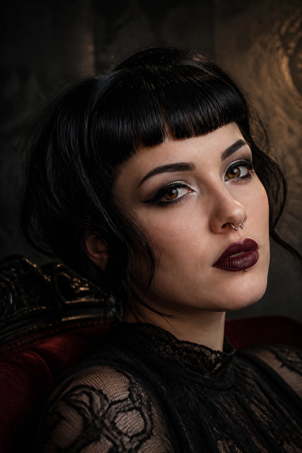 Close-up of a real person wearing Mini Bettie Bangs in a moody room