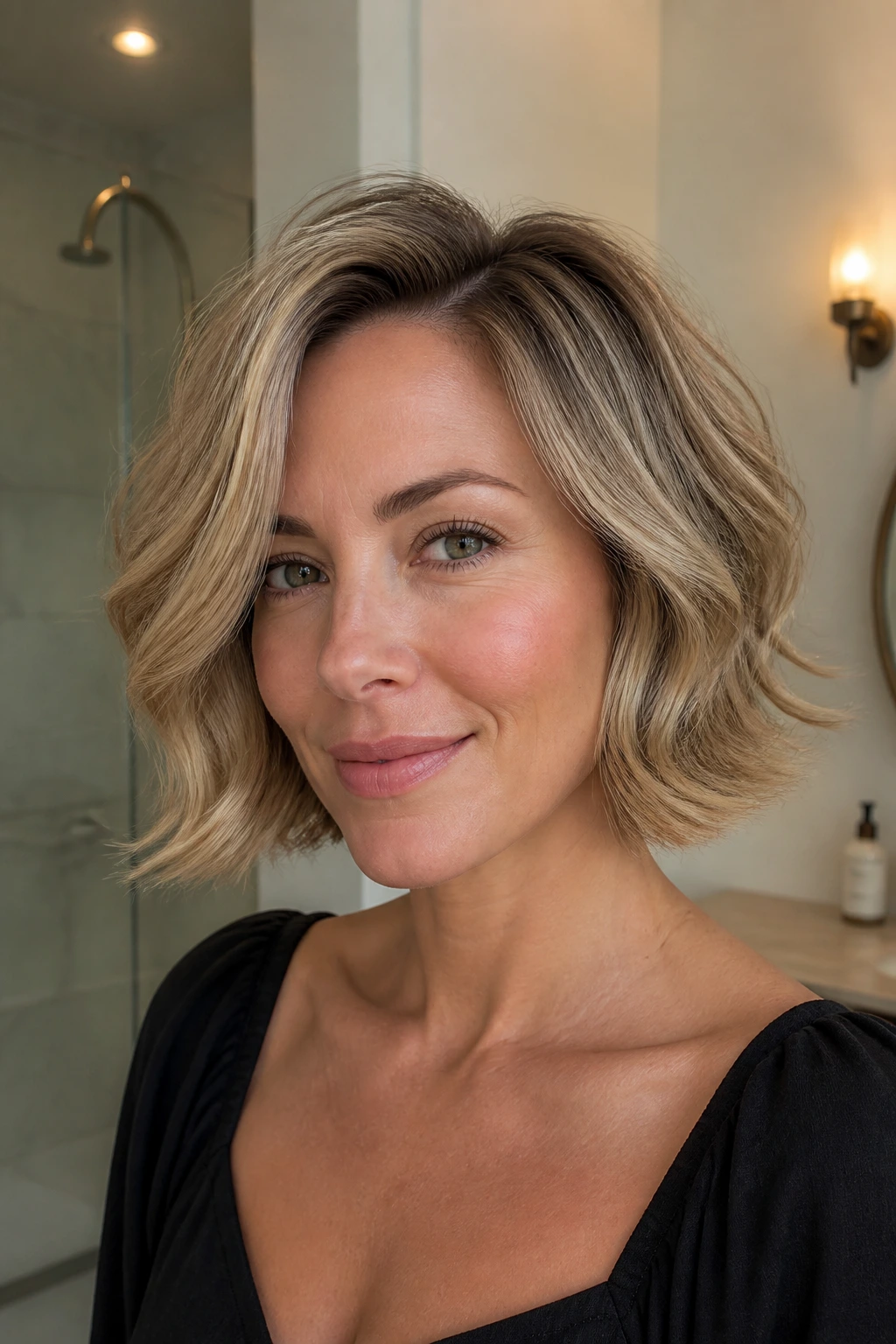 Close-up of a real woman with mini blowout waves and lifted roots