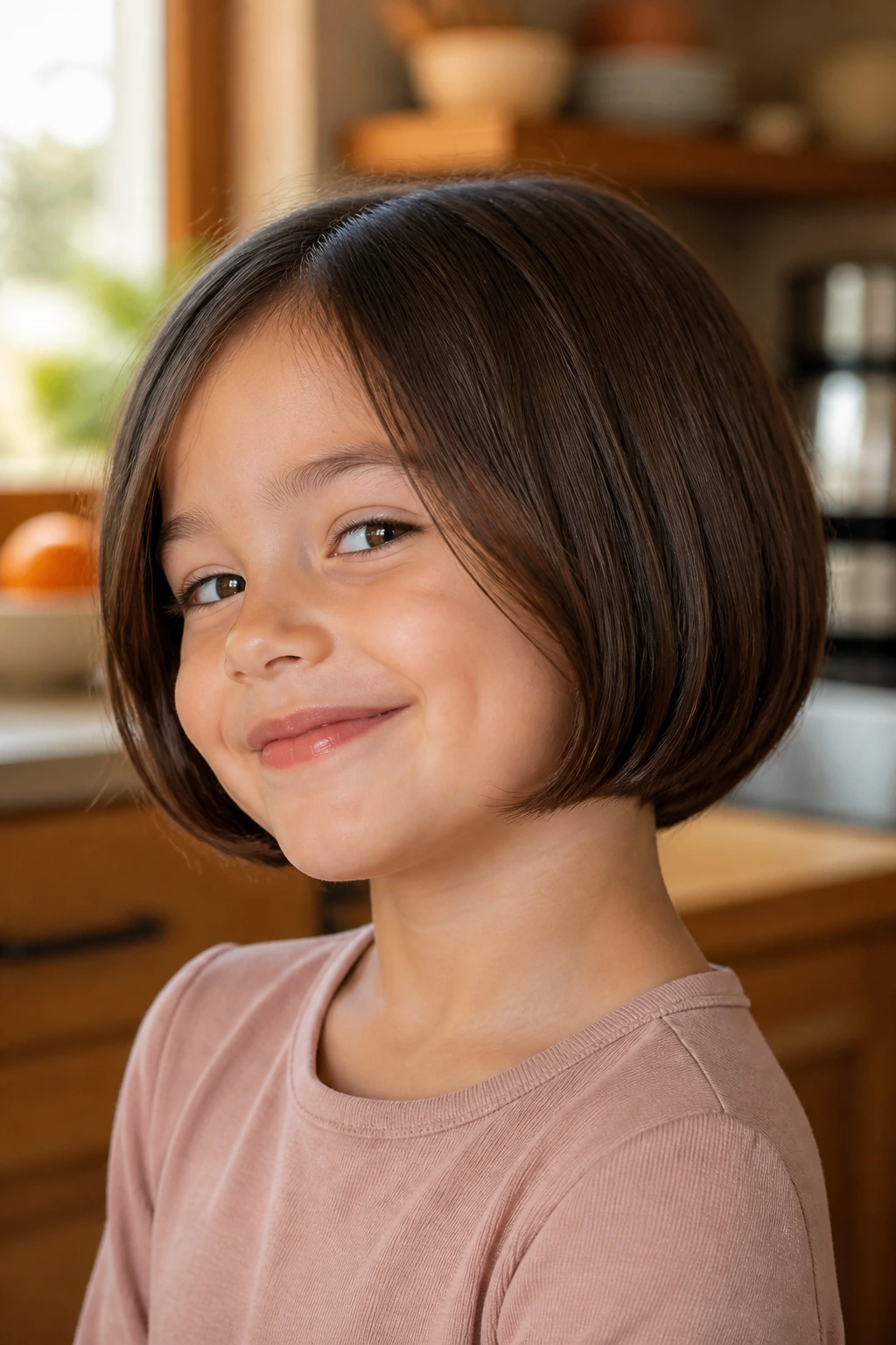 Close-up of a real child with a mini bob in warm kitchen light