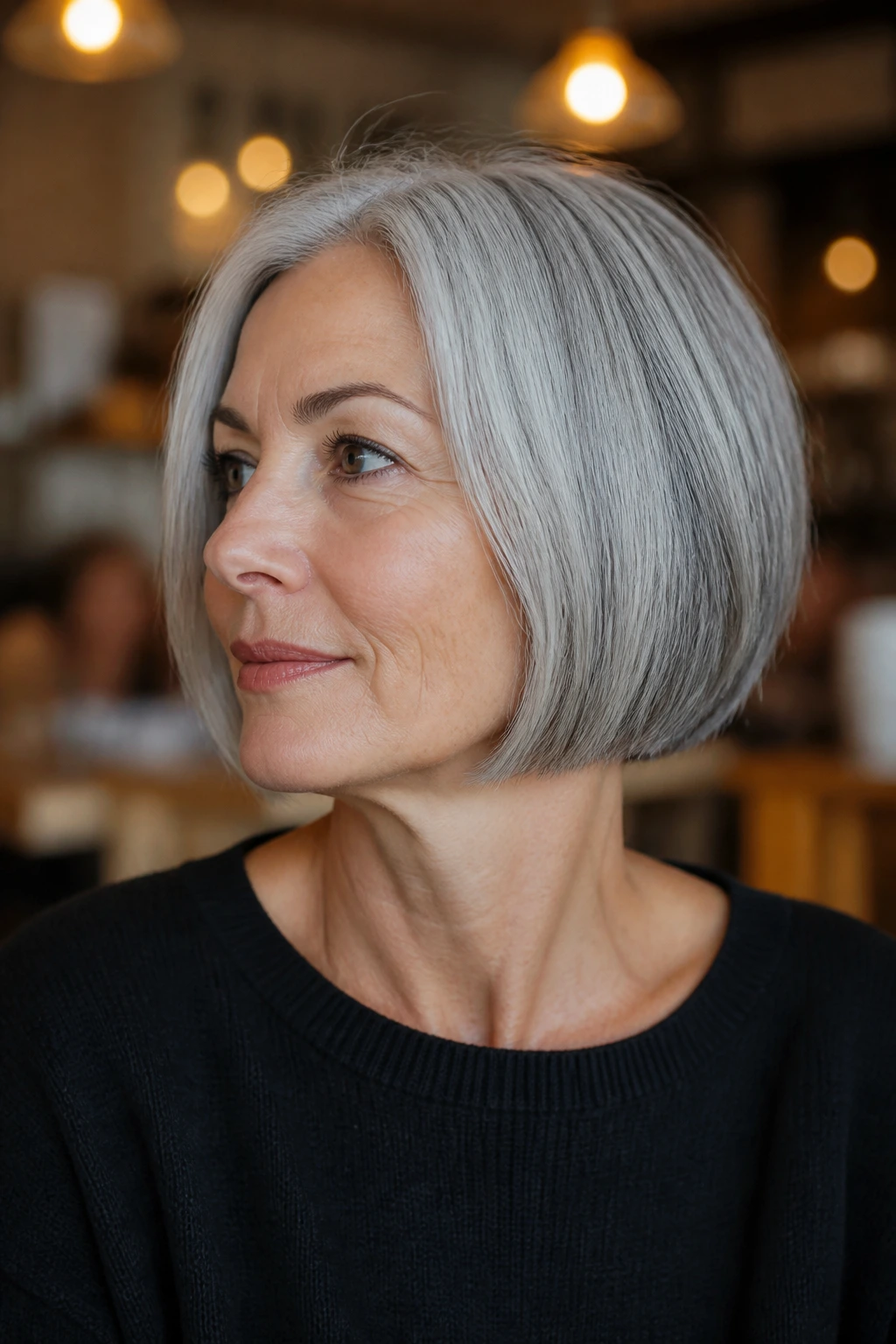 Close-up portrait of a person with a mini bob at the jawline in silver hair
