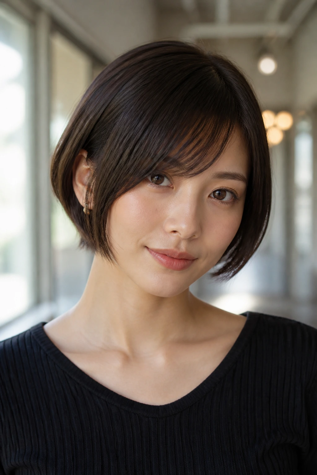 Close-up portrait of a real woman with a mini bob and side fringe
