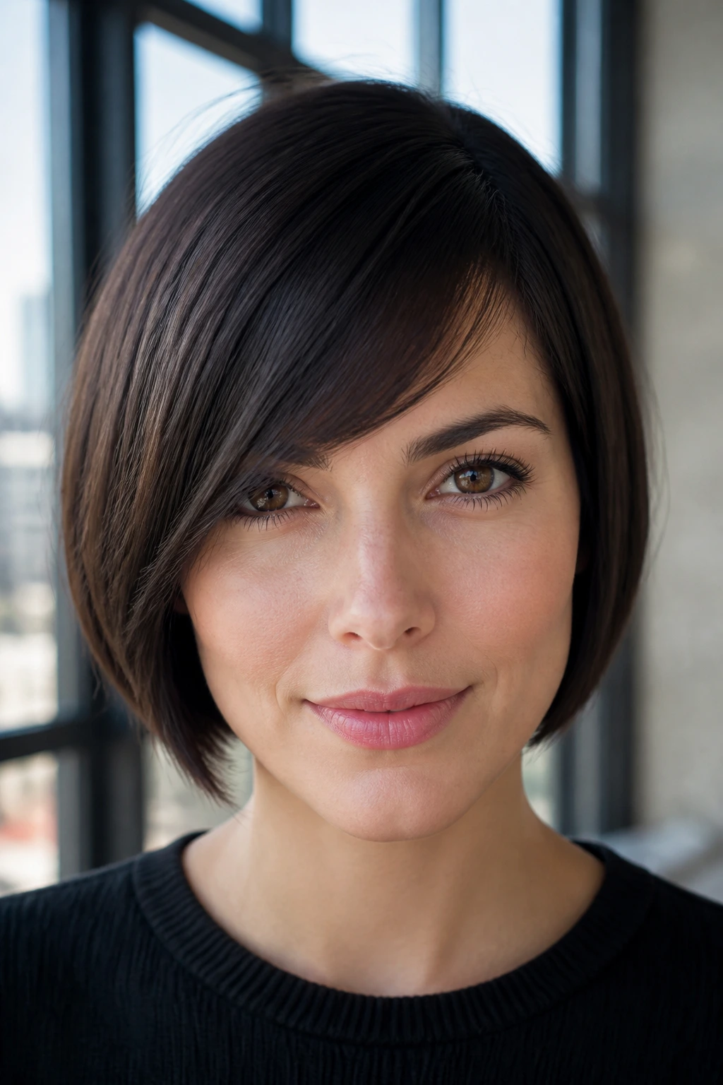 Real woman with a mini bob and diagonal side fringe close-up