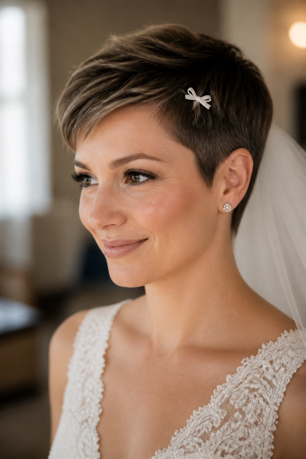 Real bride wearing a mini-bow pixie with tiny bow above ear.