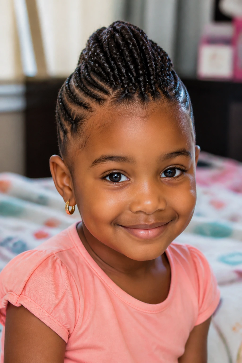 Close-up of a young girl with a centered ridge of tiny box braids in a Mini Box-Braid Mohawk
