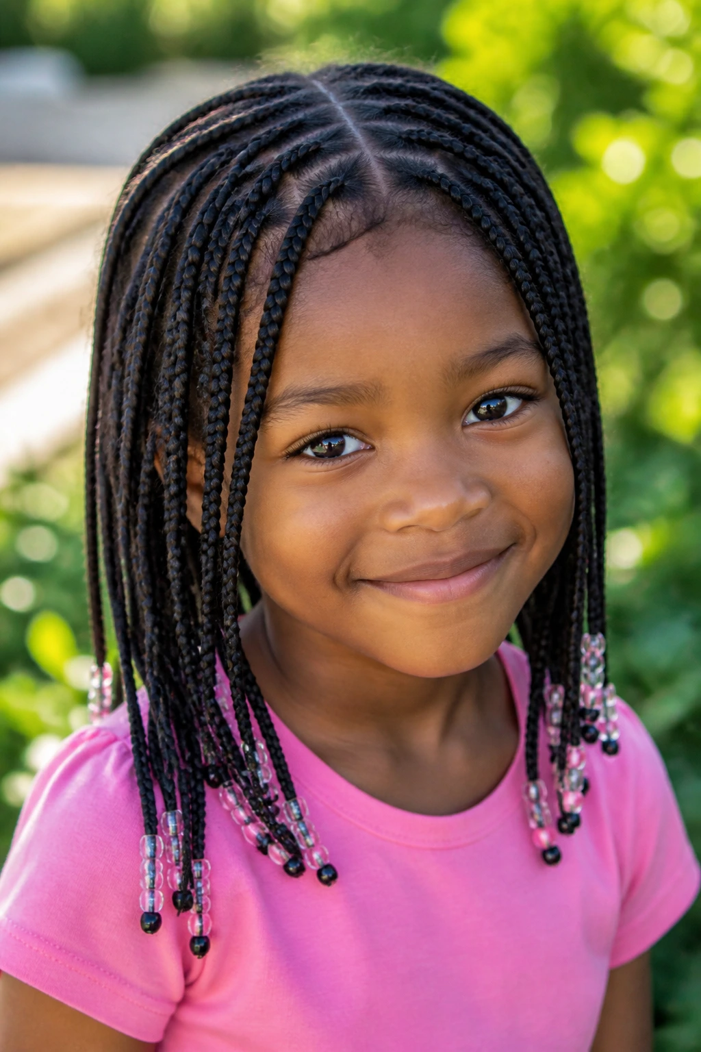 Close-up of a girl with mini box braids and beads at the ends.