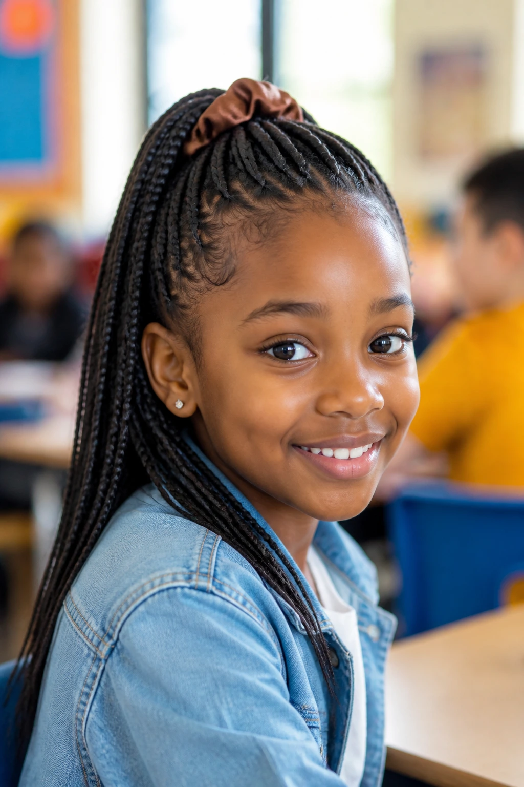 Child with mini box braids pulled back, half-up style