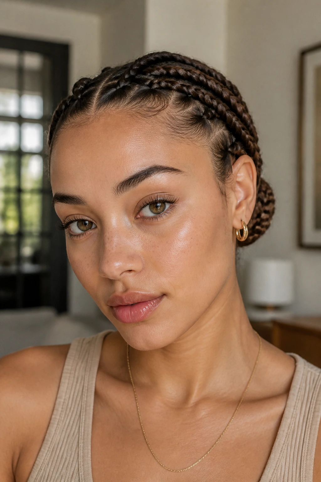 Close-up of a real person with mini boxer braids forming a low bun at the nape