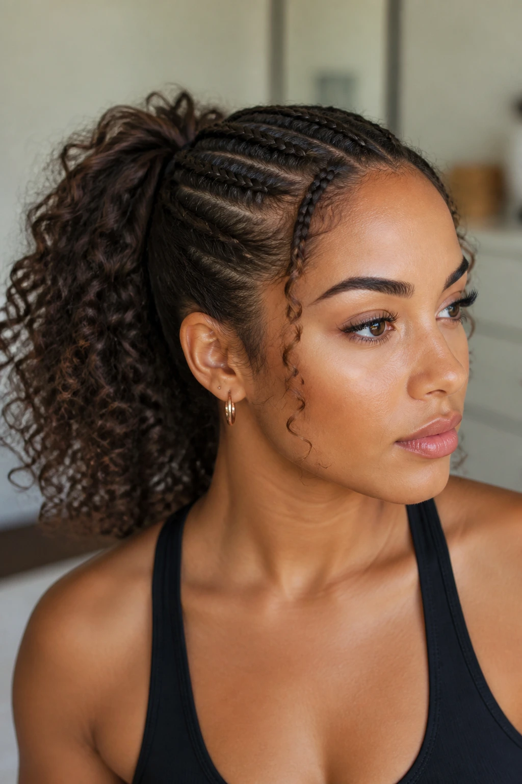 Close-up of a real woman with small front braids leading into a curly ponytail