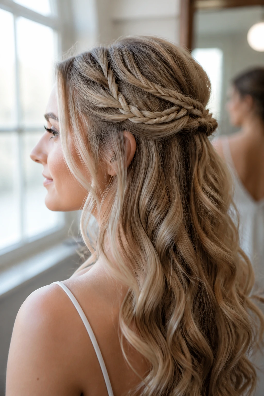 Close-up of real woman with mini-braids in half-up hairstyle