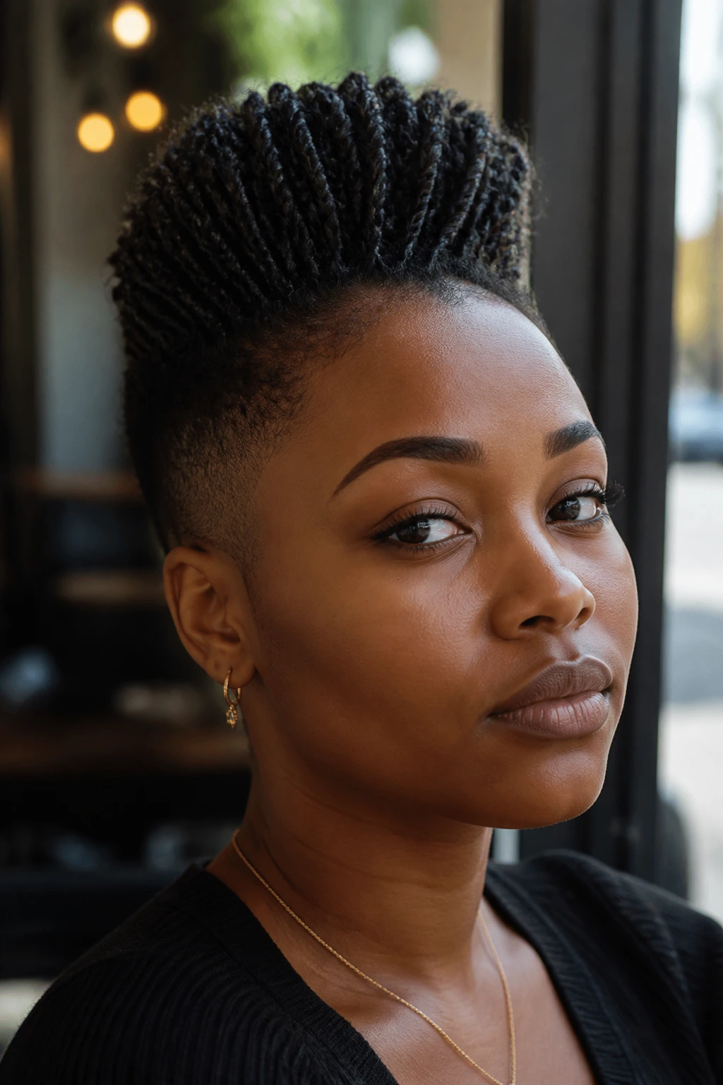 Close-up portrait of a real Black woman with mini-braid high top fade