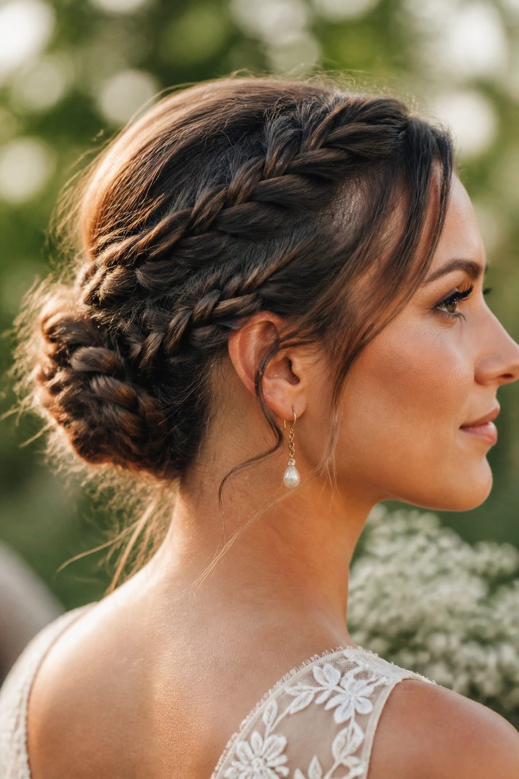 Close-up of a real bride with a mini braided bun cluster at the back