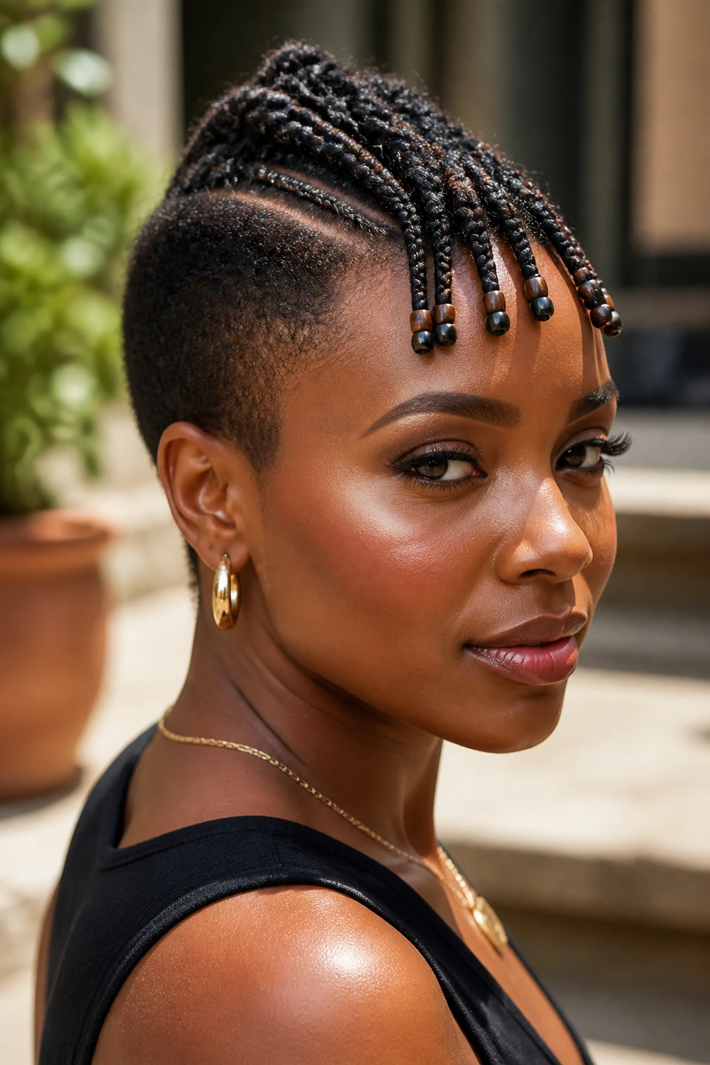 Close-up of a real person with mini braided mohawk and beaded ends