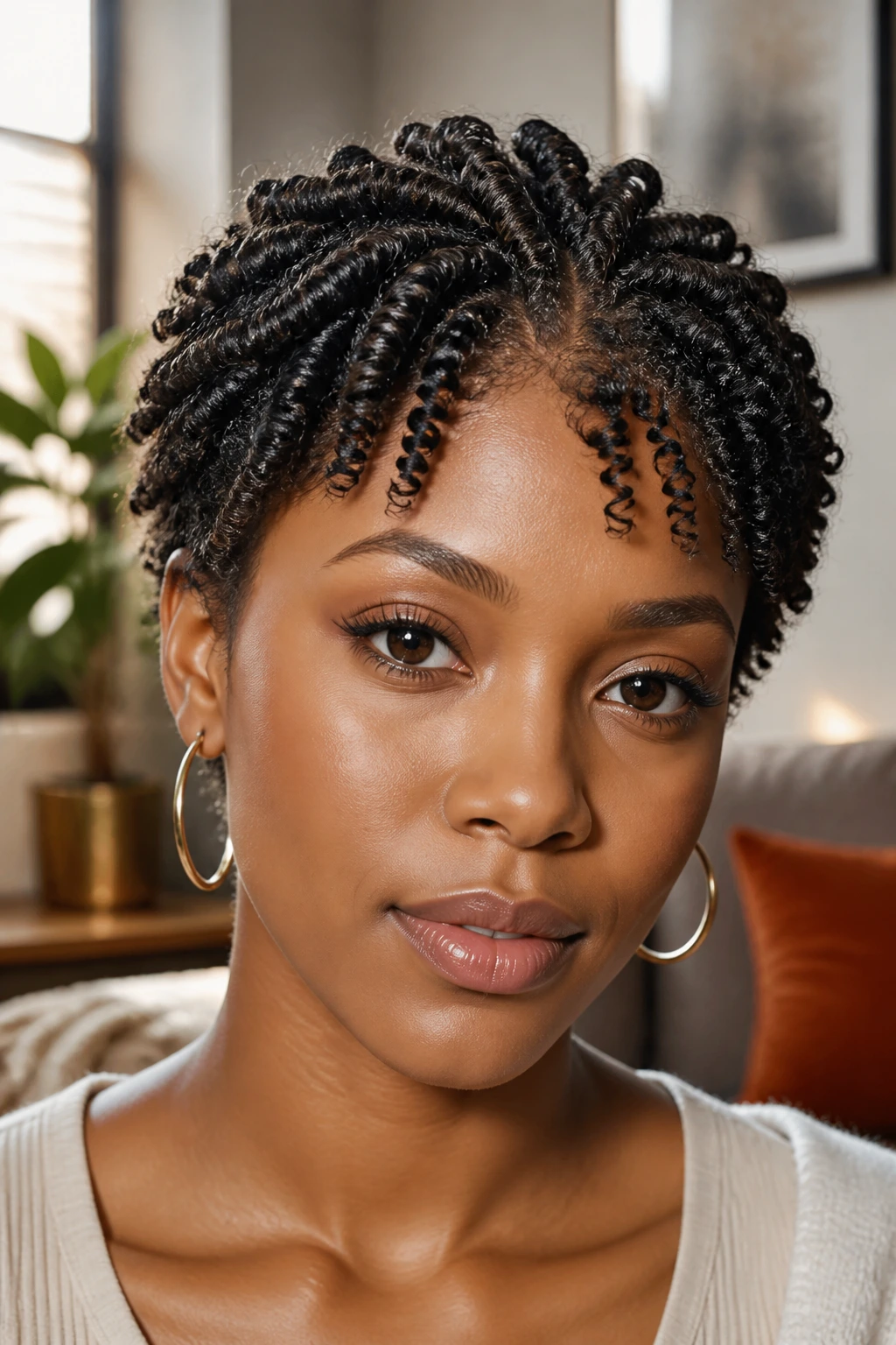 Close-up of a Black woman's short natural hair with a mini braid-out and zigzag texture