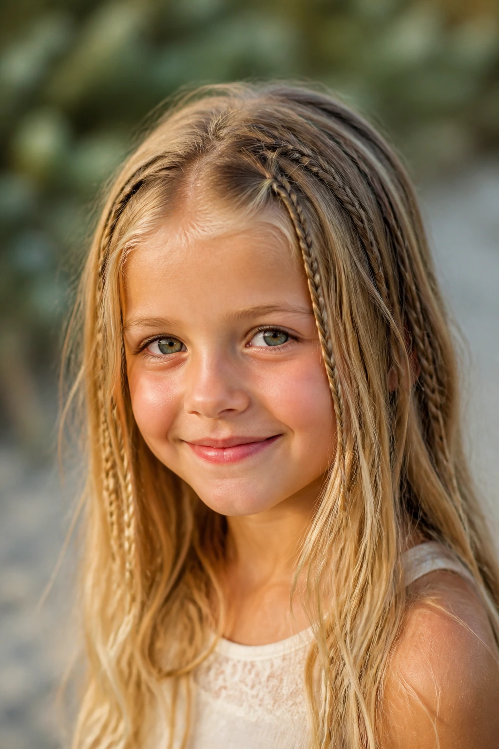 Close-up of real child with three tiny braids among loose blonde hair