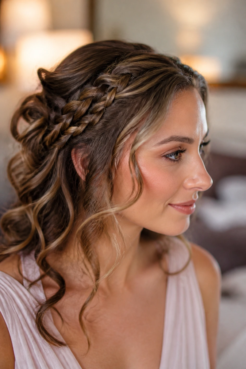 Close-up of a real woman with mini braids woven into loose curls at temples and neck