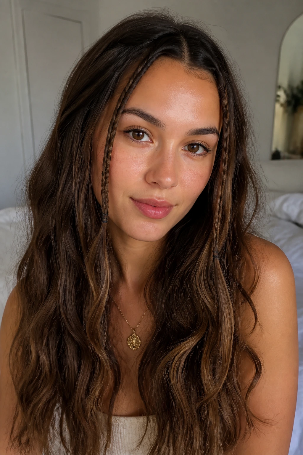 Portrait of a woman with two thin braids at temples and loose waves
