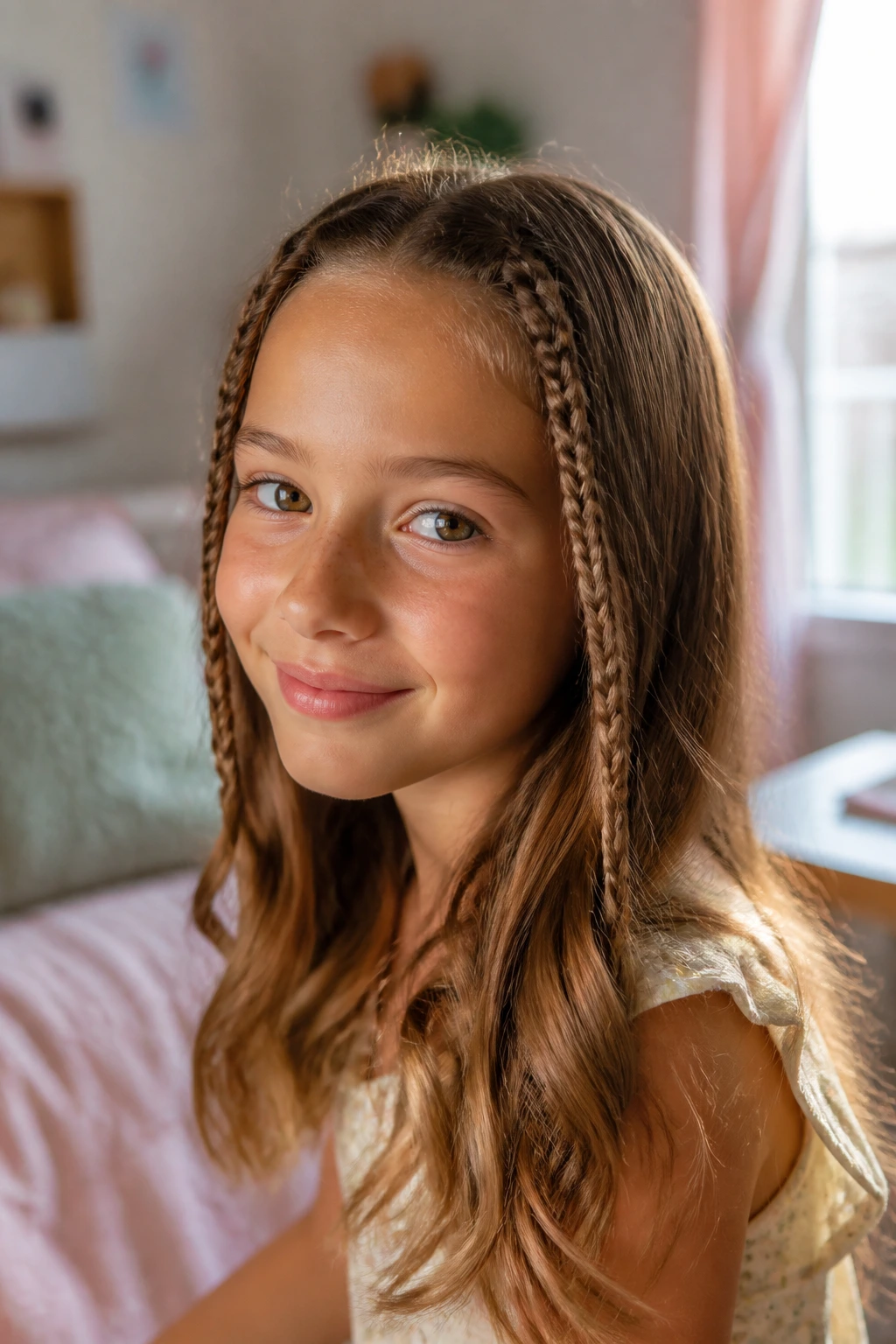 Girl with two tiny braids at the temples, rest of hair down