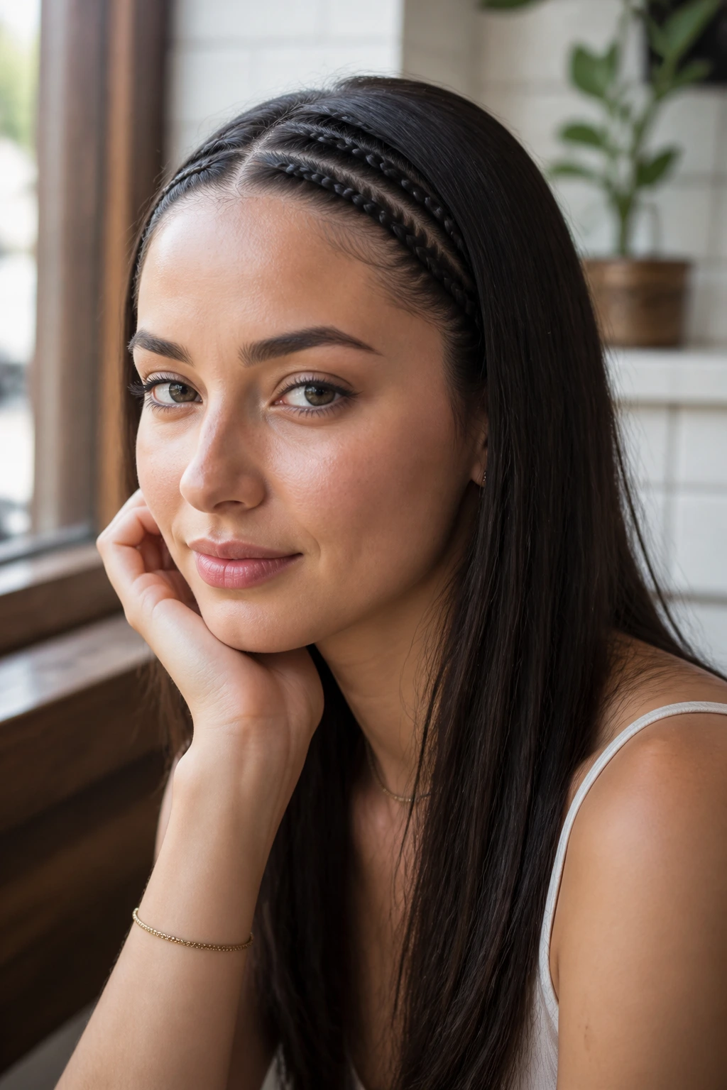 Close-up portrait showing mini braids along the hairline on a real woman.