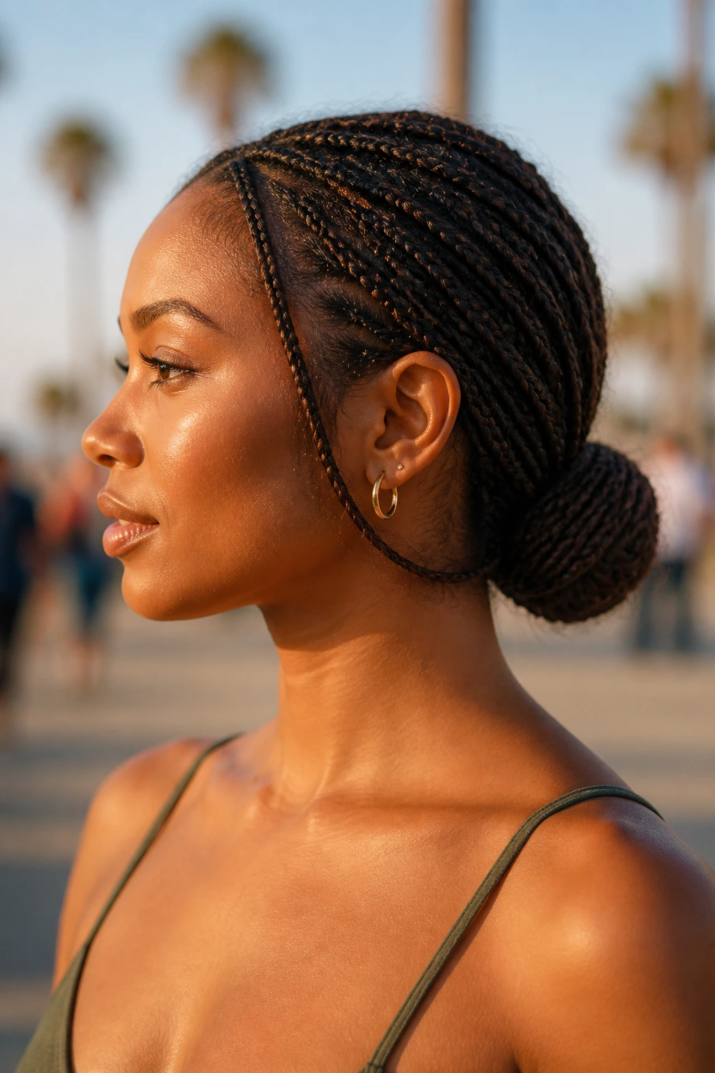 Close-up of a woman with mini braids folded into a bun in sunlit setting
